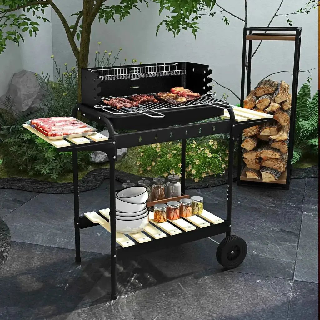 Outsunny charcoal bbq trolley in black with metal frame wooden shelves wheels grill top with skewered meat and raw ribs