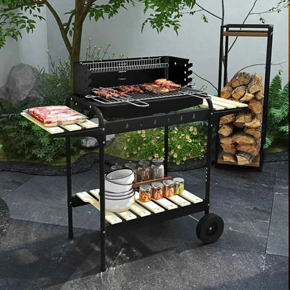 Outsunny charcoal bbq trolley in black with metal frame wooden shelves wheels grill top with skewered meat and raw ribs