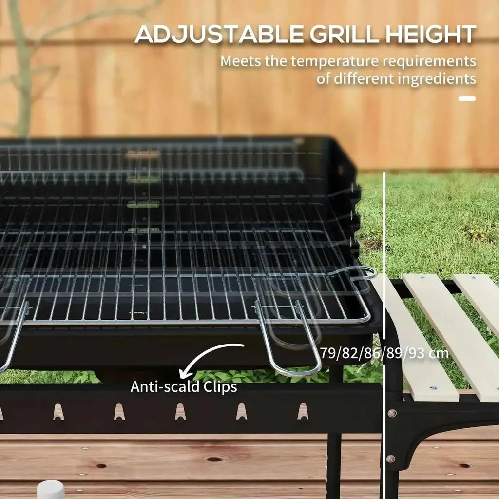 Outsunny charcoal bbq trolley black with adjustable stainless steel grill grates and anti-scald clips on wheels
