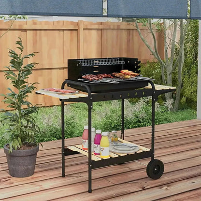 Outsunny charcoal bbq trolley black metal grill cart with wooden shelves wheels and adjustable grilling surface with skewers