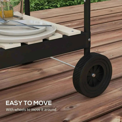 Outsunny charcoal bbq trolley with adjustable grill black metal and light wood outdoor serving cart with one black wheel