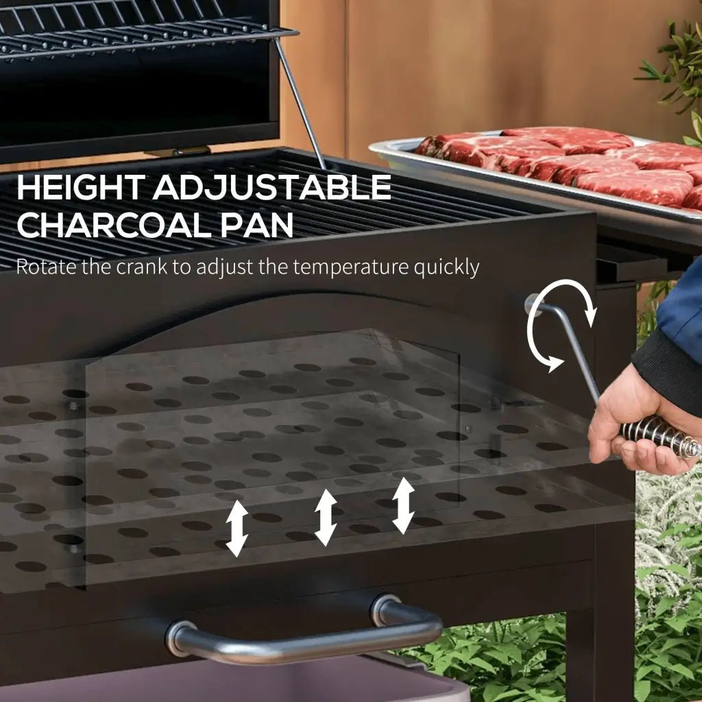 Outsunny Charcoal Barbecue Grill Trolley Garden Smoker with Shelves, Adjustable Height, Thermometer on Lid, Opener and Wheels 846 - 077V00BK - 