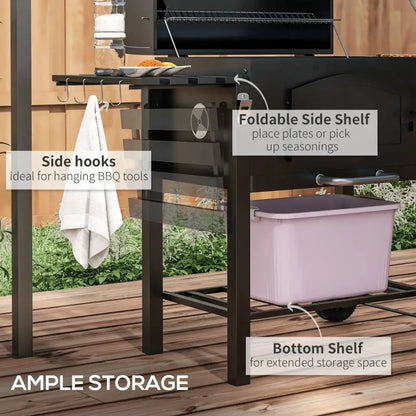 Outsunny Charcoal Barbecue Grill Trolley Garden Smoker with Shelves, Adjustable Height, Thermometer on Lid, Opener and Wheels 846 - 077V00BK - 