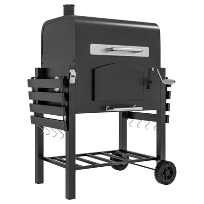 Outsunny Charcoal Barbecue Grill Trolley Garden Smoker with Shelves, Adjustable Height, Thermometer on Lid, Opener and Wheels 846 - 077V00BK - 
