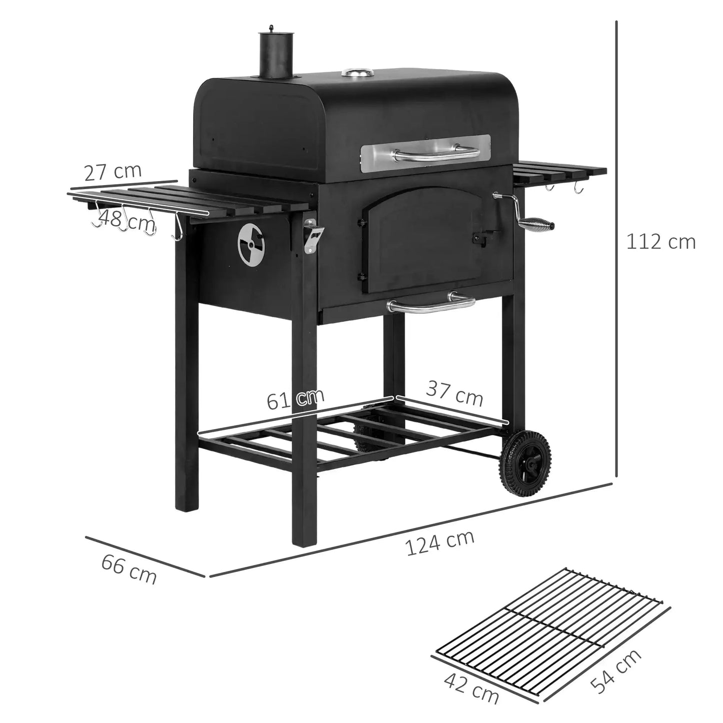 Outsunny Charcoal Barbecue Grill Trolley Garden Smoker with Shelves, Adjustable Height, Thermometer on Lid, Opener and Wheels 846 - 077V00BK - 