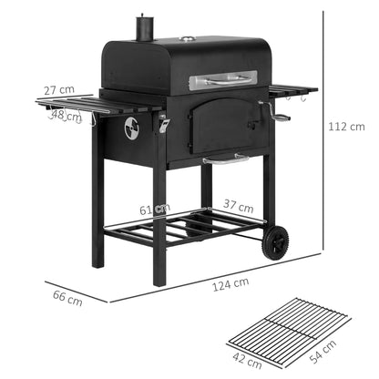 Outsunny Charcoal Barbecue Grill Trolley Garden Smoker with Shelves, Adjustable Height, Thermometer on Lid, Opener and Wheels 846 - 077V00BK - 