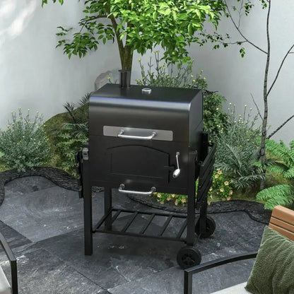 Outsunny Charcoal Barbecue Grill Trolley Garden Smoker with Shelves, Adjustable Height, Thermometer on Lid, Opener and Wheels 846 - 077V00BK - 