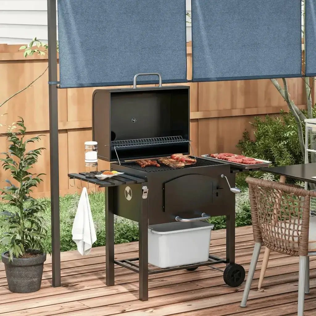 Outsunny Charcoal Barbecue Grill Trolley Garden Smoker with Shelves, Adjustable Height, Thermometer on Lid, Opener and Wheels 846 - 077V00BK - 