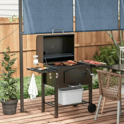 Outsunny Charcoal Barbecue Grill Trolley Garden Smoker with Shelves, Adjustable Height, Thermometer on Lid, Opener and Wheels 846 - 077V00BK - 