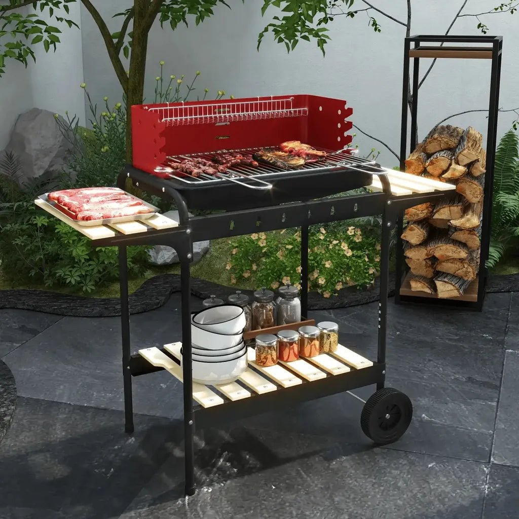 Outsunny charcoal bbq red and black outdoor grill cart with wooden shelves wheels and five position grill grate