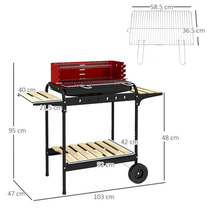 Outsunny charcoal bbq portable grill cart with black metal frame red wood two-tier design and five position grate