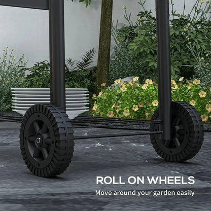 Black rubber-tired wheel with sturdy ribbed tread and embossed logo on outsunny charcoal bbq with thermometer and shelves