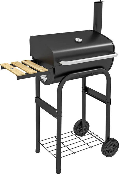 Outsunny charcoal bbq grill in black with silver handle wooden side shelf thermometer and black wheels for outdoor cooking