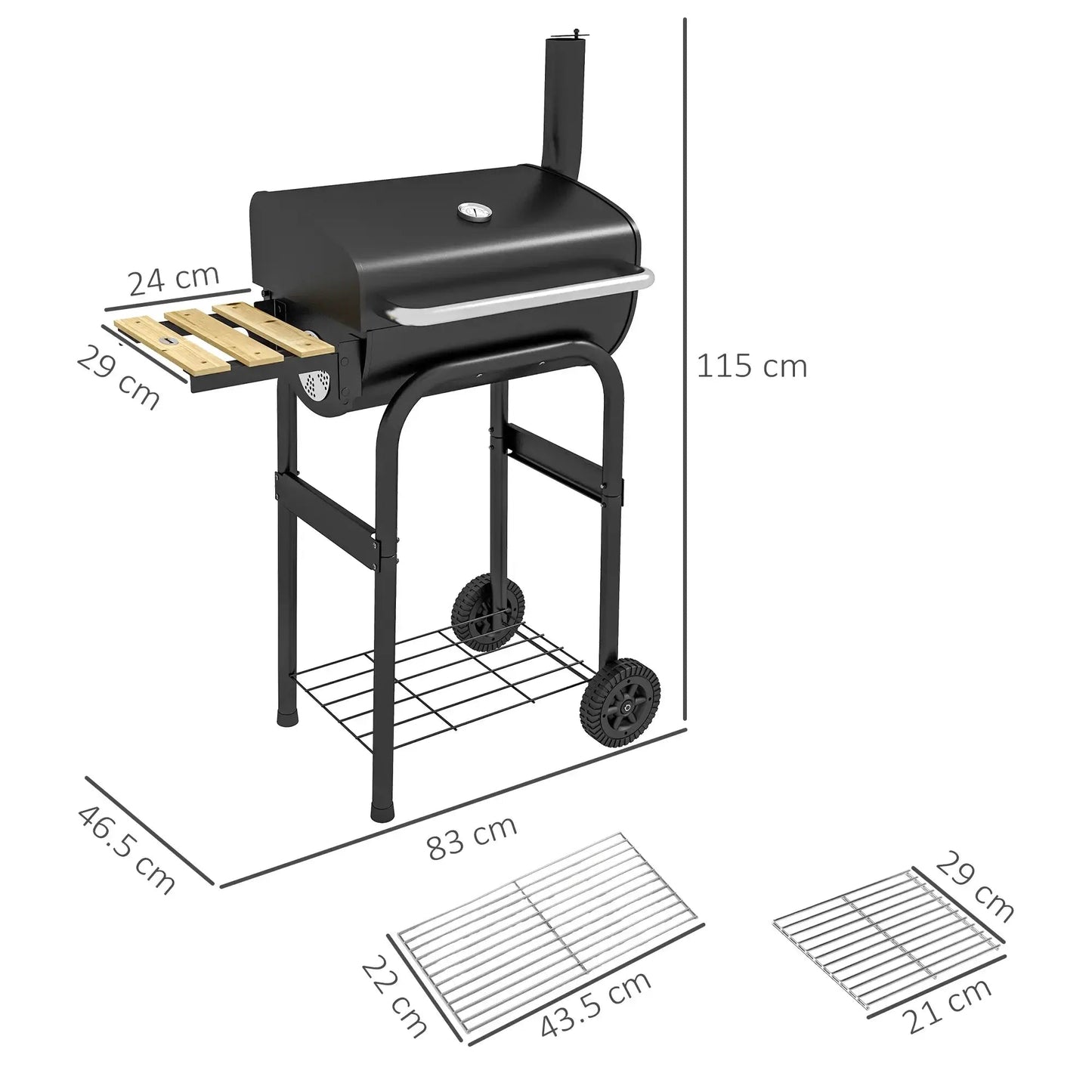 Outsunny Charcoal BBQ, with Thermometer, Shelves and Wheels 846 - 148V01BK - Garden & Outdoor