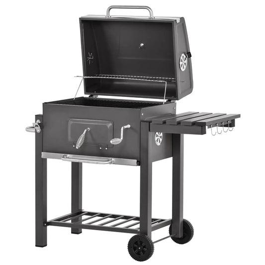 Outsunny Charcoal Grill BBQ Trolley with Adjustable Charcoal Grate, Garden Metal Smoker Barbecue with Shelf, Side Table, Wheels, Built - in Thermometer, Bottle Opener 846 - 013 - Garden & Outdoor