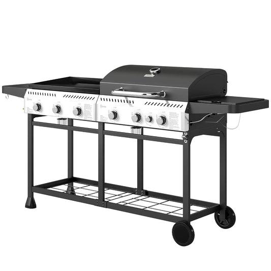 Outsunny Deluxe Duo Gas 6+1 Burner BBQ, Plancha, Side Burner - Black | 846 - 137V71BK - BBQs & Grills