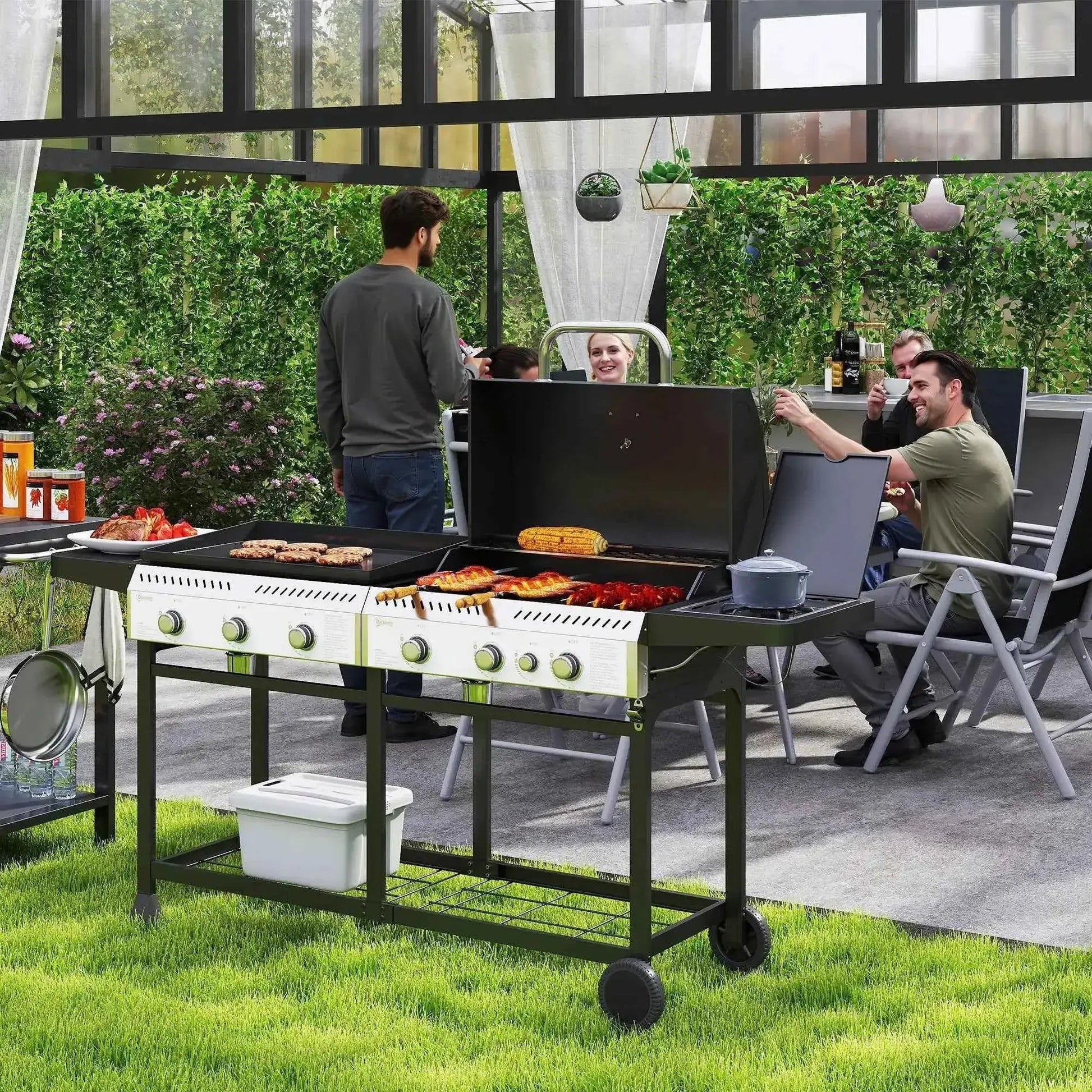 Outsunny Deluxe Duo Gas 6+1 Burner BBQ, Plancha, Side Burner - Black | 846-137V71BK