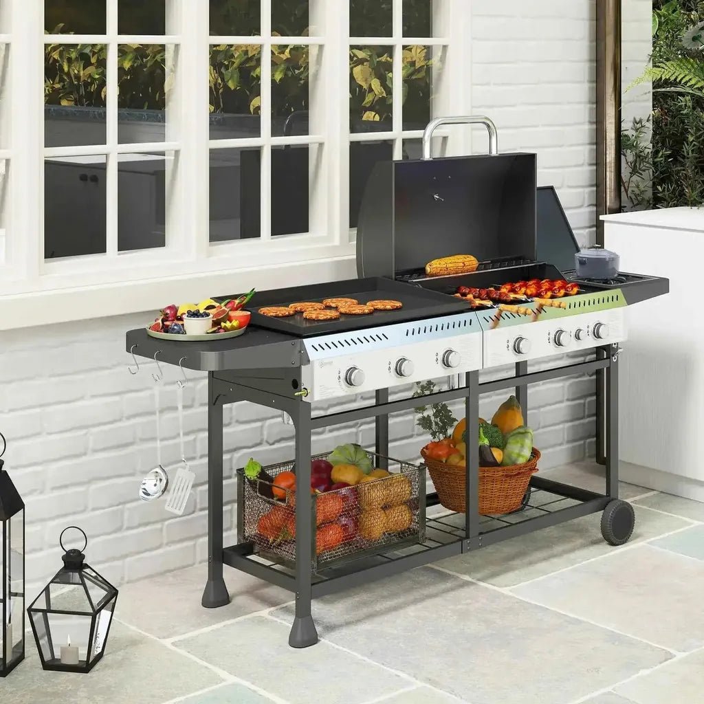 Outsunny deluxe duo black and white gas grill with stainless steel handle and 6 plus 1 burners with control knobs