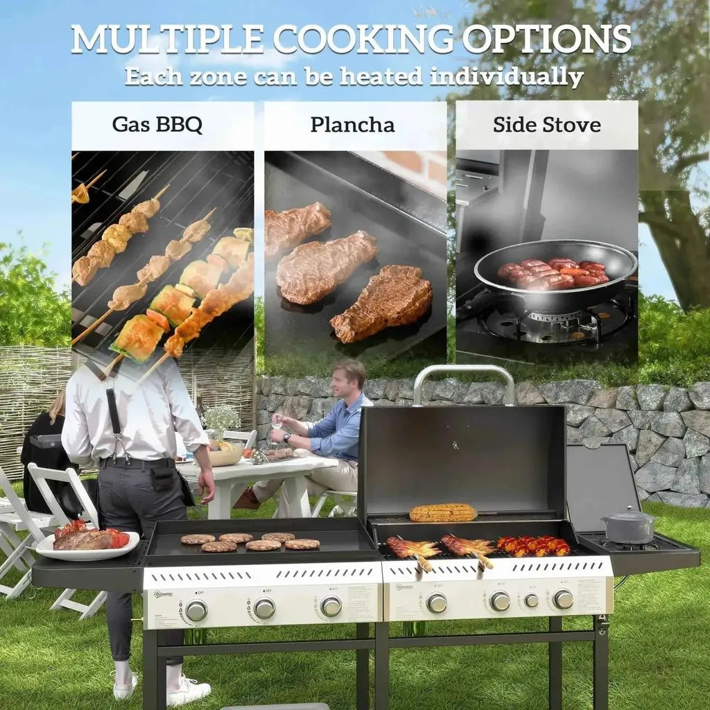 Outsunny deluxe duo black and silver gas grill with 6 plus 1 burners multiple cooking zones plancha and side stove