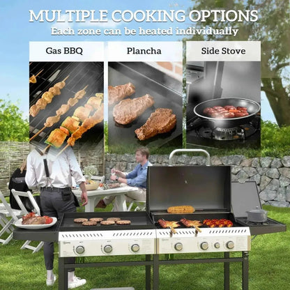 Outsunny deluxe duo black and silver gas grill with 6 plus 1 burners multiple cooking zones plancha and side stove