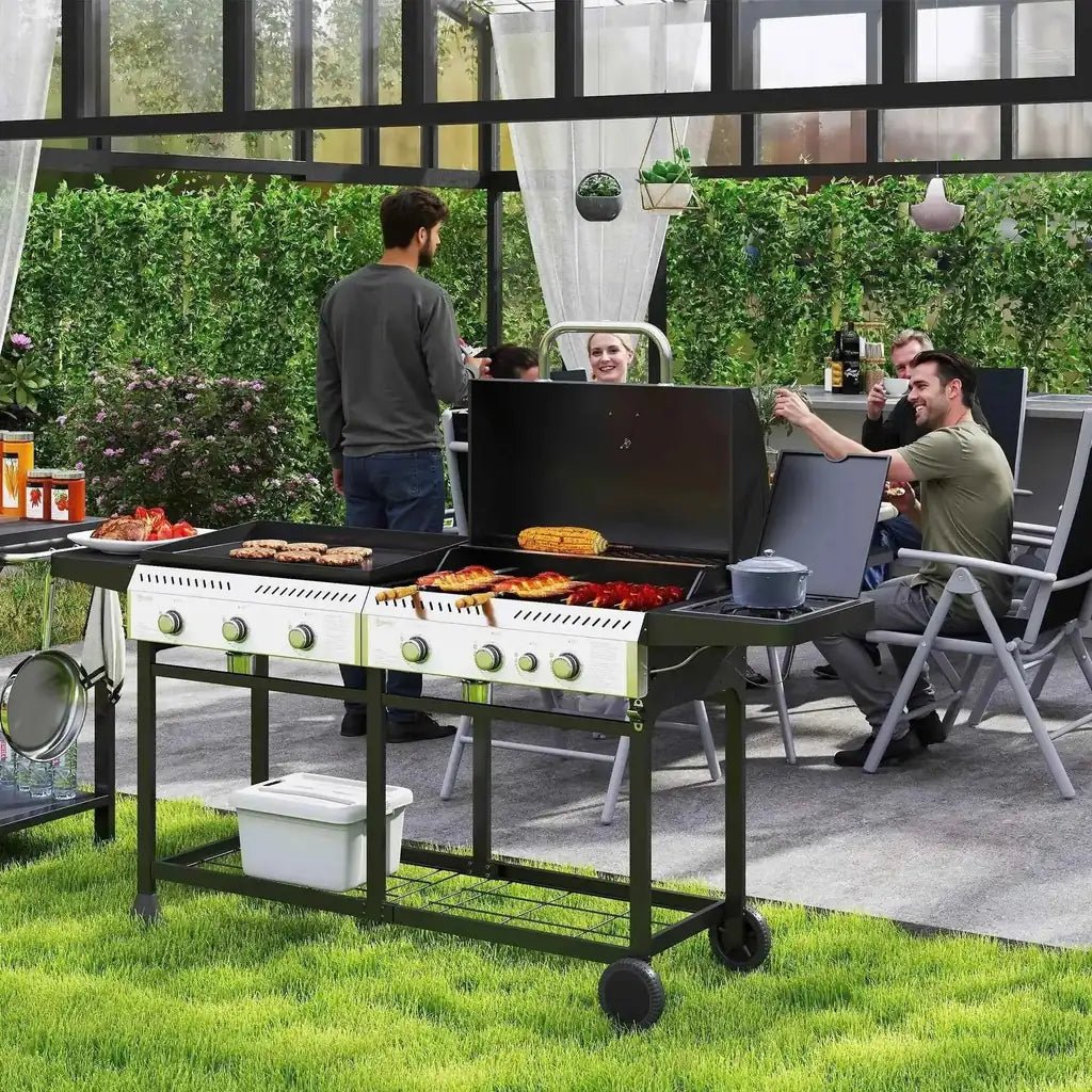 Black and white outsunny deluxe duo gas grill with six burners plus side burner and wheels for outdoor cooking