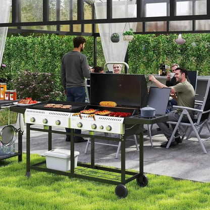 Black and white outsunny deluxe duo gas grill with six burners plus side burner and wheels for outdoor cooking