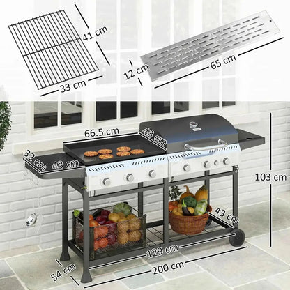 Outsunny deluxe duo black gas grill with six burners plancha side burner griddle and side shelves with vegetables