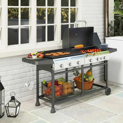 Outsunny Deluxe Duo Gas 6+1 Burner BBQ, Plancha, Side Burner - Black | 846-137V71BK