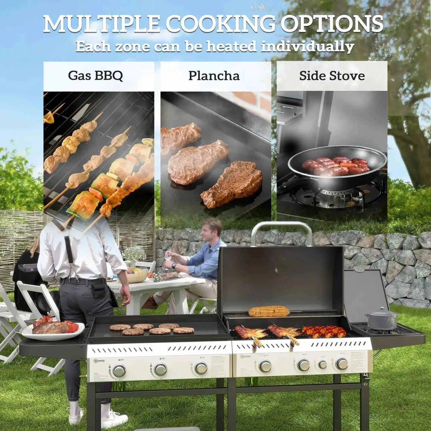 Outsunny Deluxe Duo Gas 6+1 Burner BBQ, Plancha, Side Burner - Black | 846-137V71BK