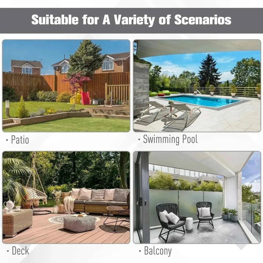 Outsunny double canopy offset parasol umbrella in grey shown in various outdoor living spaces including patios and pools