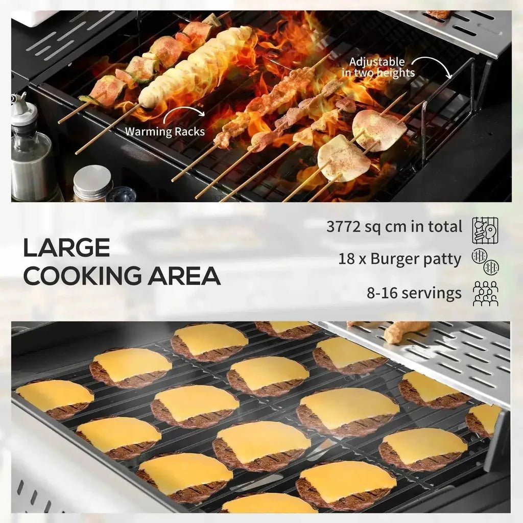 Outsunny dual fuel black and silver portable gas grill with adjustable height warming racks for burgers and skewers