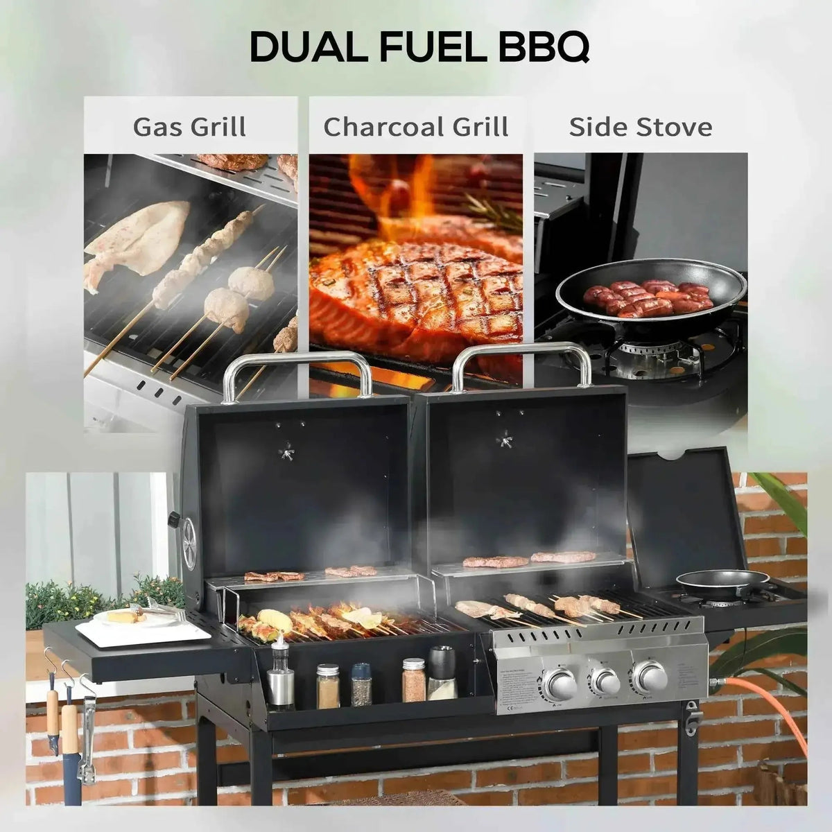 Outsunny dual fuel black barbecue grill with stainless steel control panel and side stove for outdoor cooking
