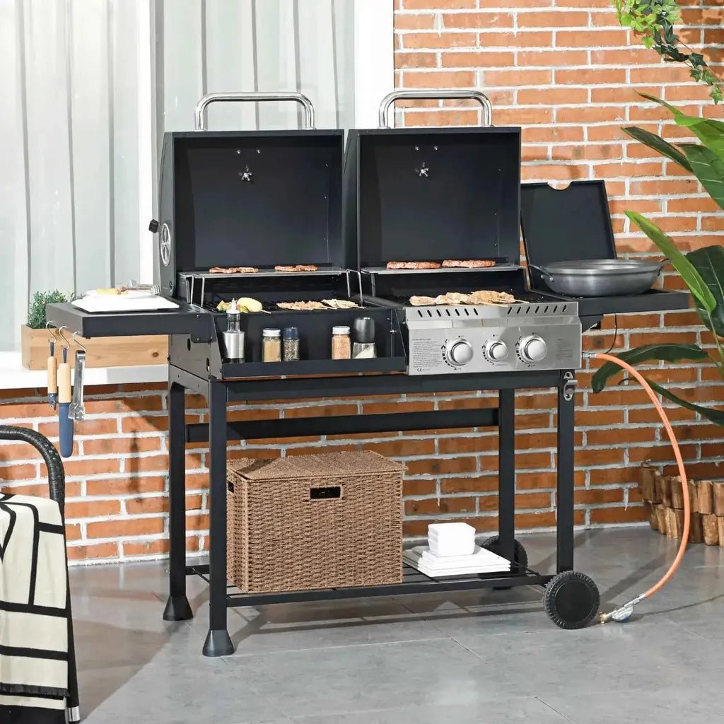 Outsunny dual fuel black stainless steel gas grill with two cooking zones and side shelf with spice containers