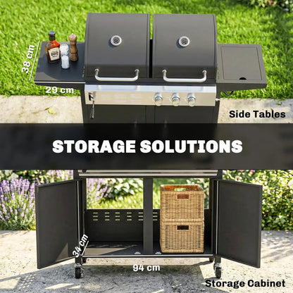 Black metal storage cabinet with open doors showing stacked wicker baskets inside for organized storage