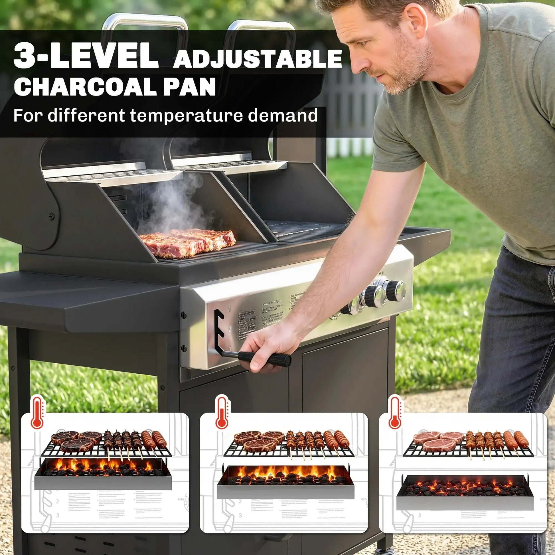 Outsunny dual-fuel black and stainless steel 3-level adjustable charcoal pan grill with temperature control for versatile cooking