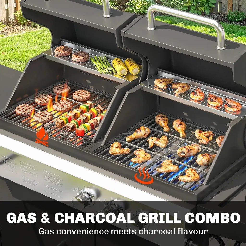 Outsunny dual fuel gas and charcoal bbq grill in black with stainless steel handles and dual cooking zones