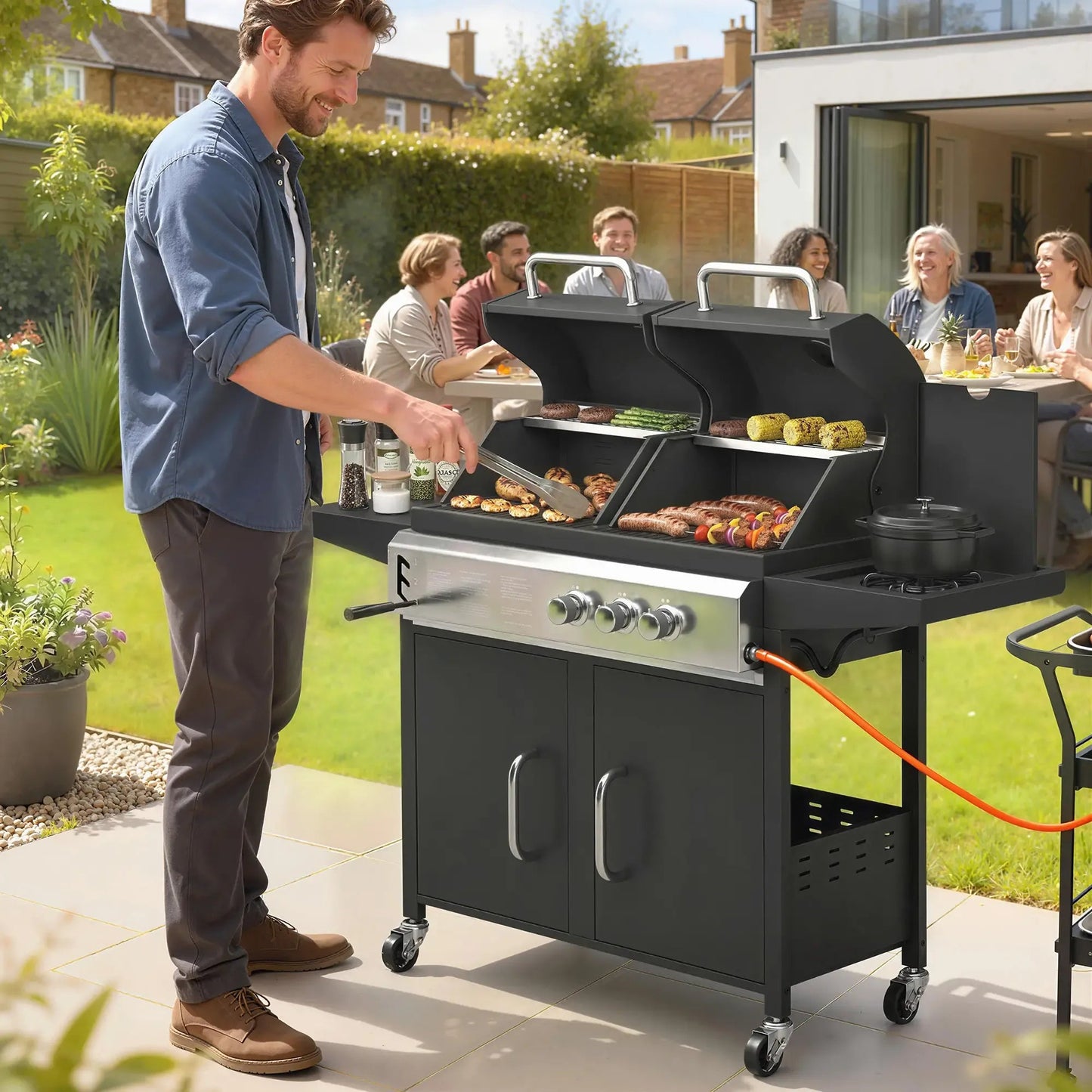 Black outsunny dual-fuel gas and charcoal bbq grill with stainless steel control panel and wheels for outdoor cooking