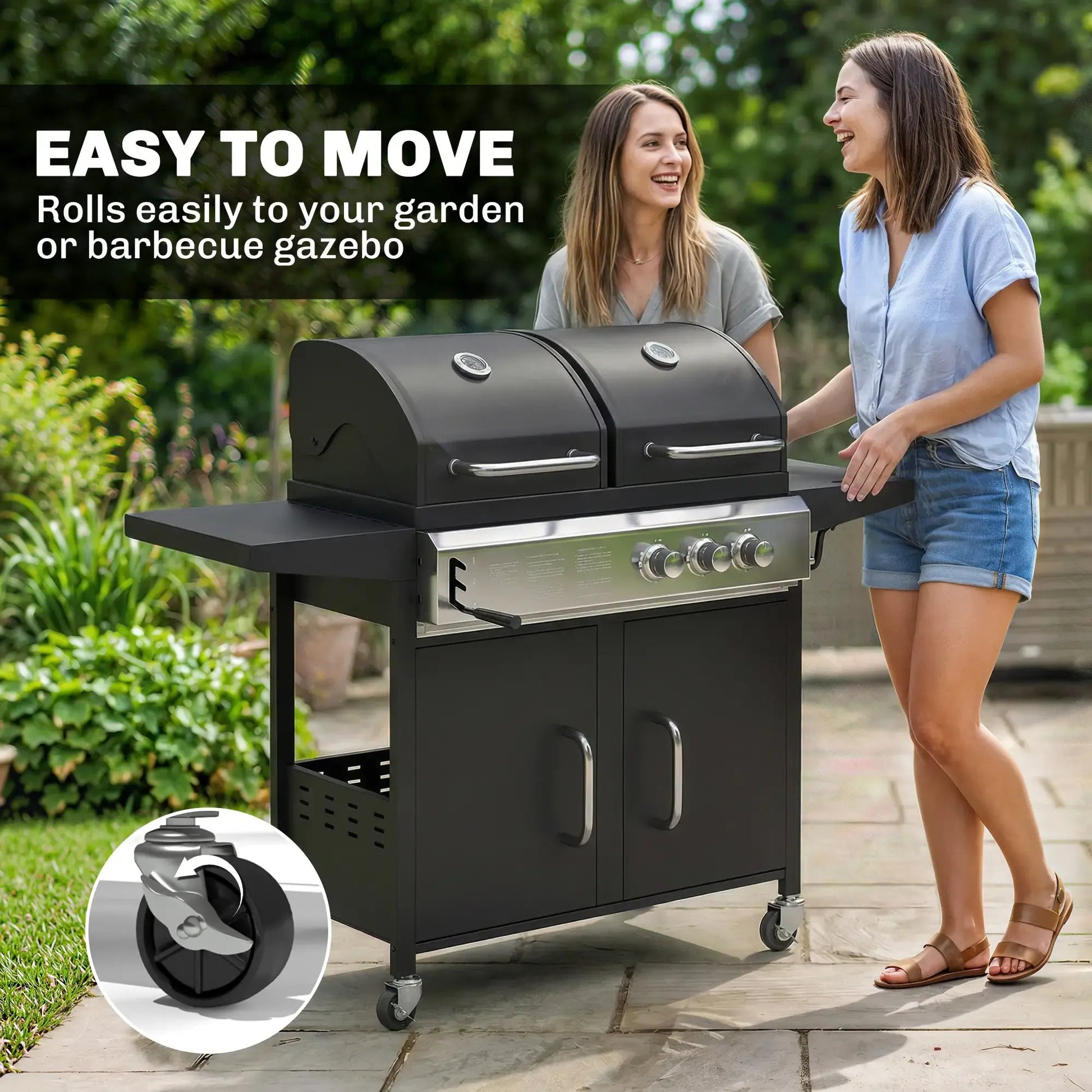 Black cast iron outsunny dual-fuel gas and charcoal bbq grill with stainless steel control panel and wheels