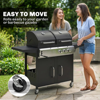 Black cast iron outsunny dual-fuel gas and charcoal bbq grill with stainless steel control panel and wheels