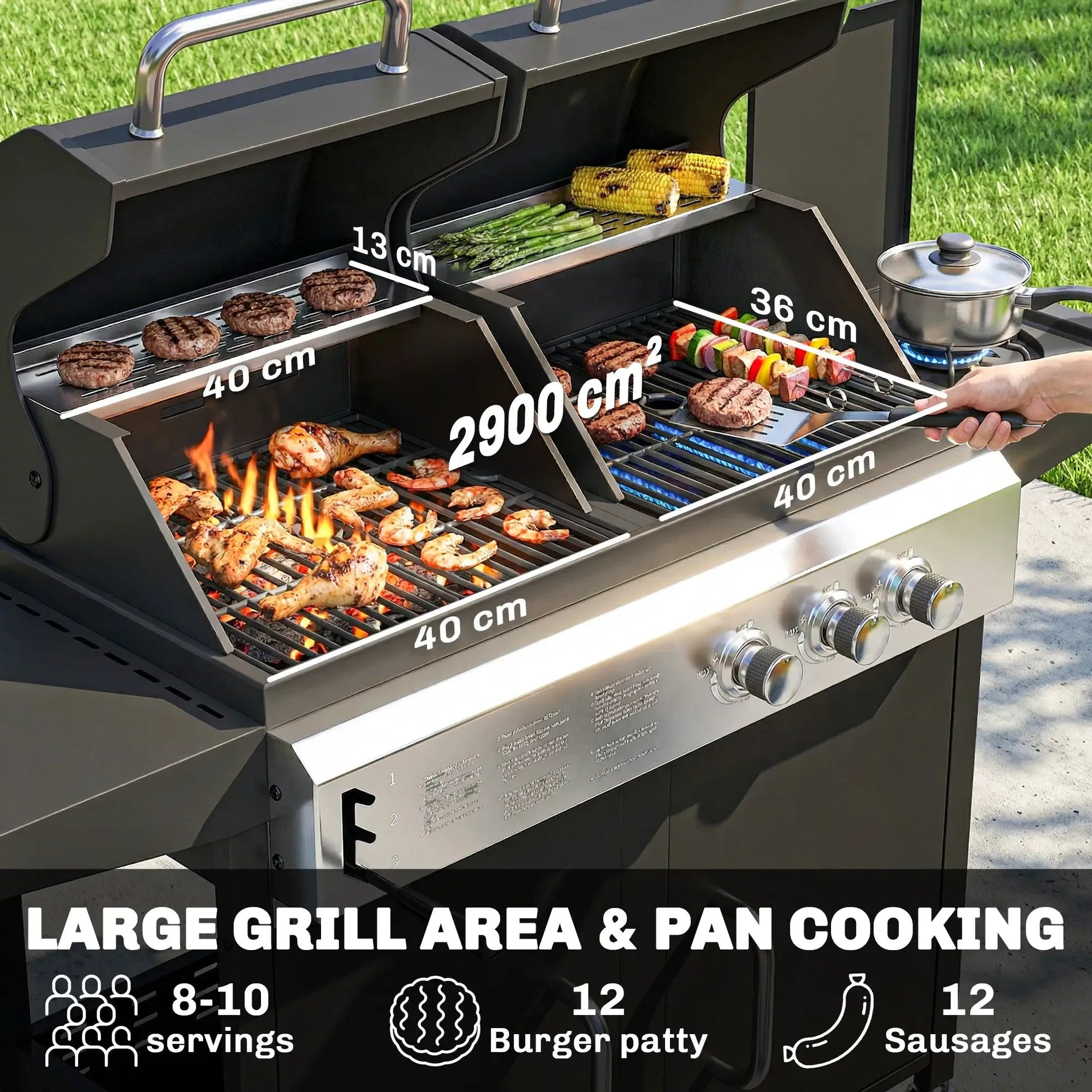 Outsunny stainless steel gas grill with black accents featuring dual cooking zones for versatile outdoor BBQ grilling
