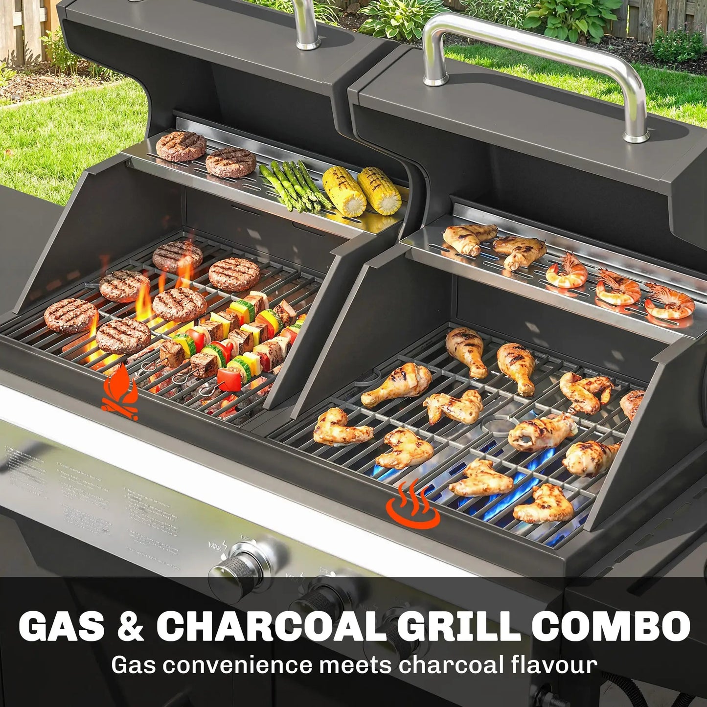 Outsunny black dual-fuel gas and charcoal grill combo with stainless steel handles and dual cooking zones for grilling