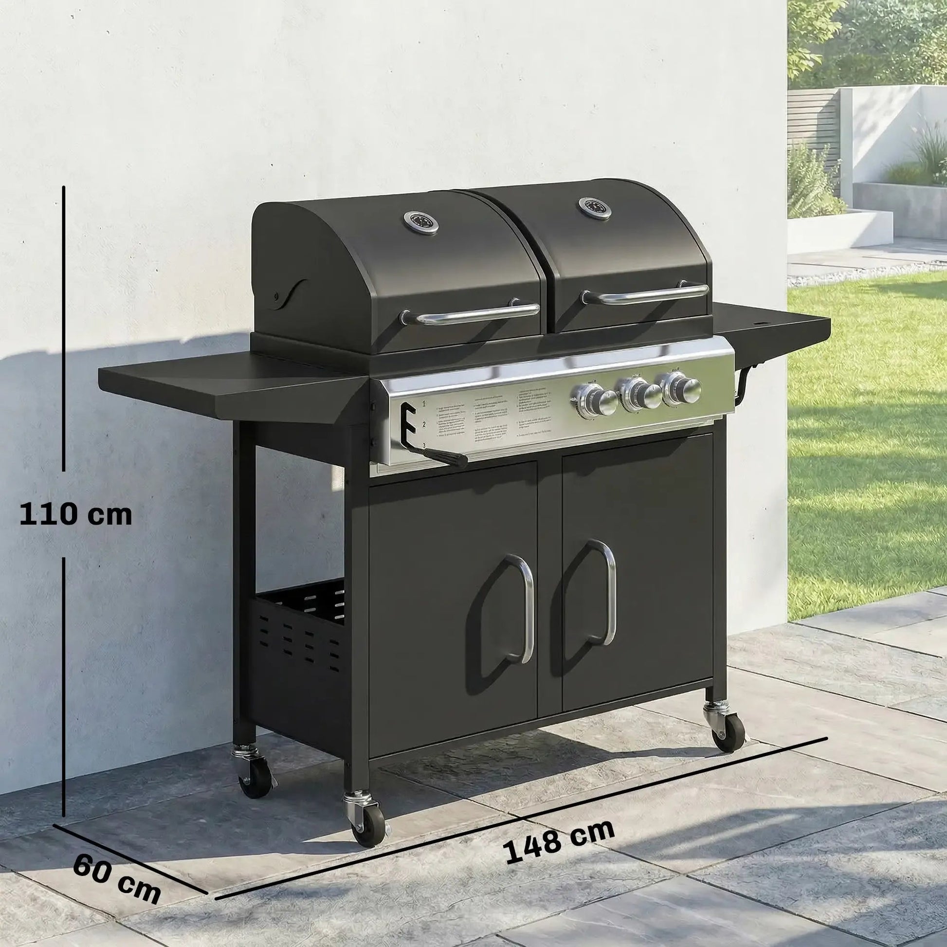 Outsunny black dual burner gas grill with stainless steel control panel and casters for versatile outdoor cooking