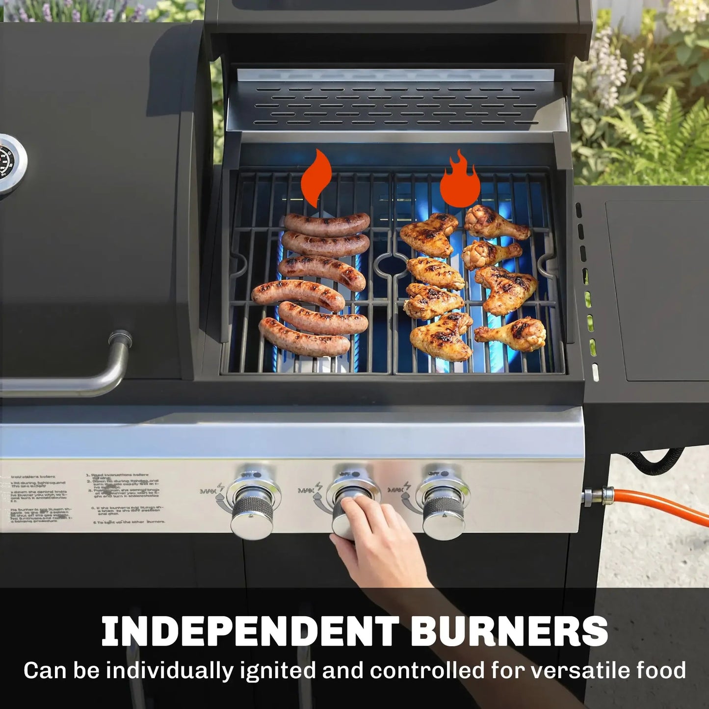 Black Outsunny dual-fuel gas and charcoal BBQ grill with stainless steel panel and three burners cooking sausages and wings