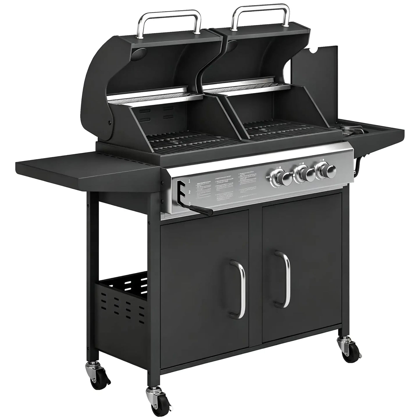 Black Outsunny dual fuel gas and charcoal BBQ grill with stainless steel control panel and storage cabinet below
