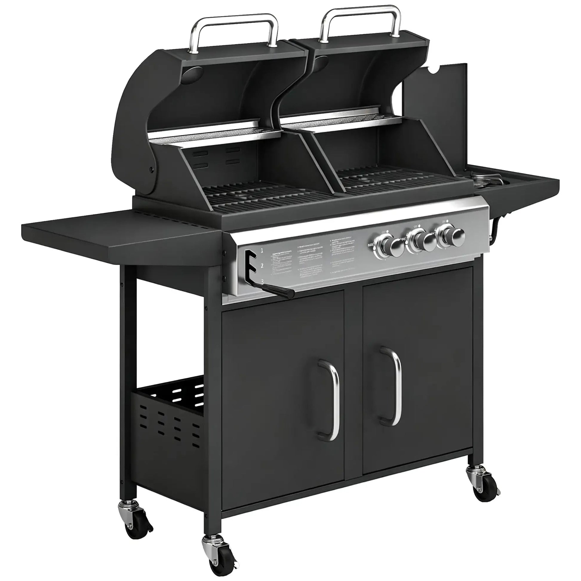 Black Outsunny dual fuel gas and charcoal BBQ grill with stainless steel control panel and storage cabinet below