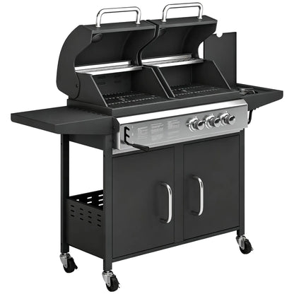 Black Outsunny dual fuel gas and charcoal BBQ grill with stainless steel control panel and storage cabinet below