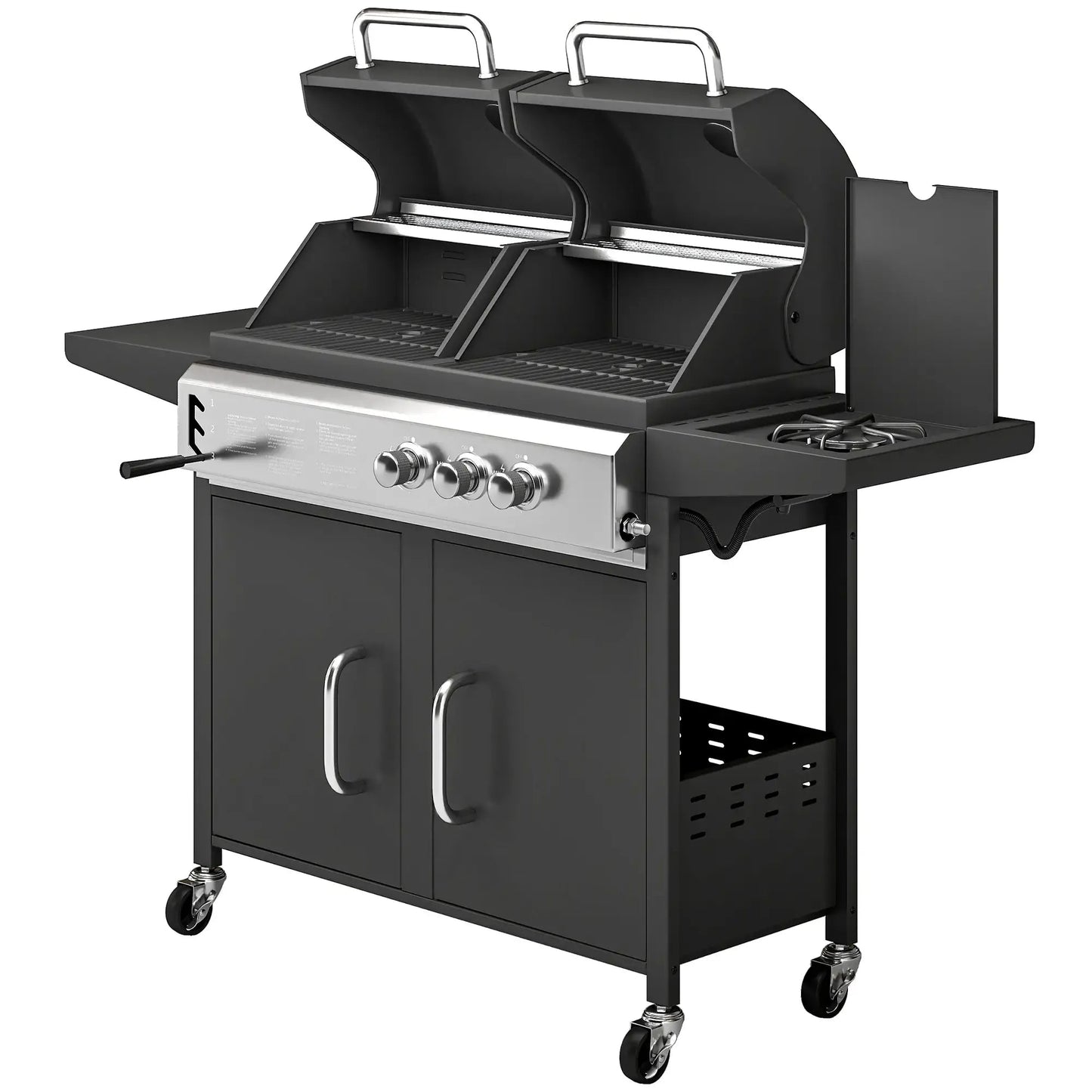 Black outsunny dual-fuel gas and charcoal bbq grill with stainless steel control panel and dual cooking grates