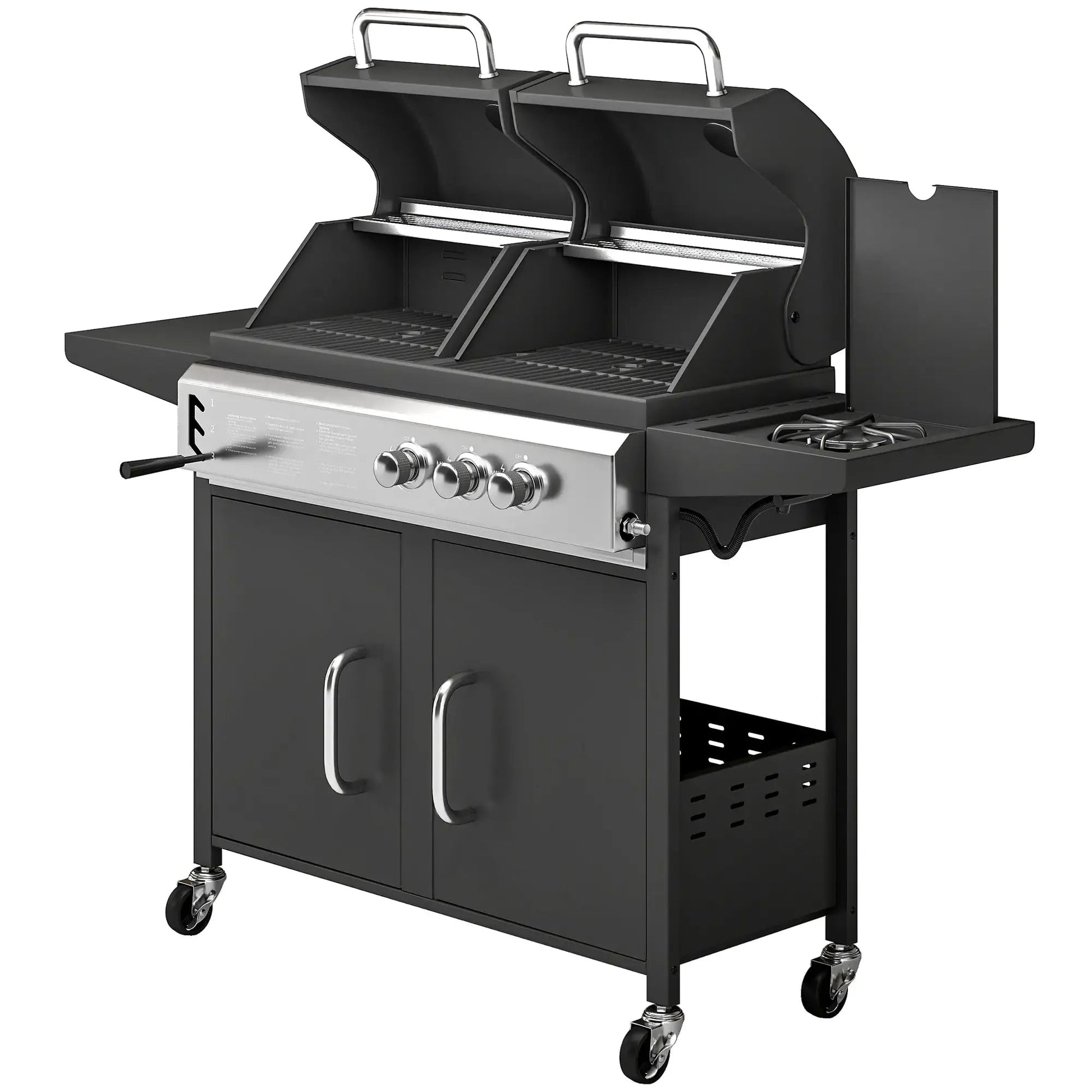 Black outsunny dual-fuel gas and charcoal bbq grill with stainless steel control panel and dual cooking grates