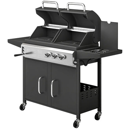 Black outsunny dual-fuel gas and charcoal bbq grill with stainless steel control panel and dual cooking grates