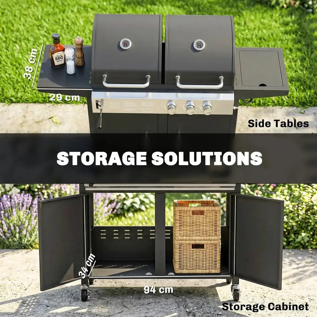 Black stainless steel outsunny dual-fuel gas and charcoal grill with side tables and storage cabinet for outdoor cooking